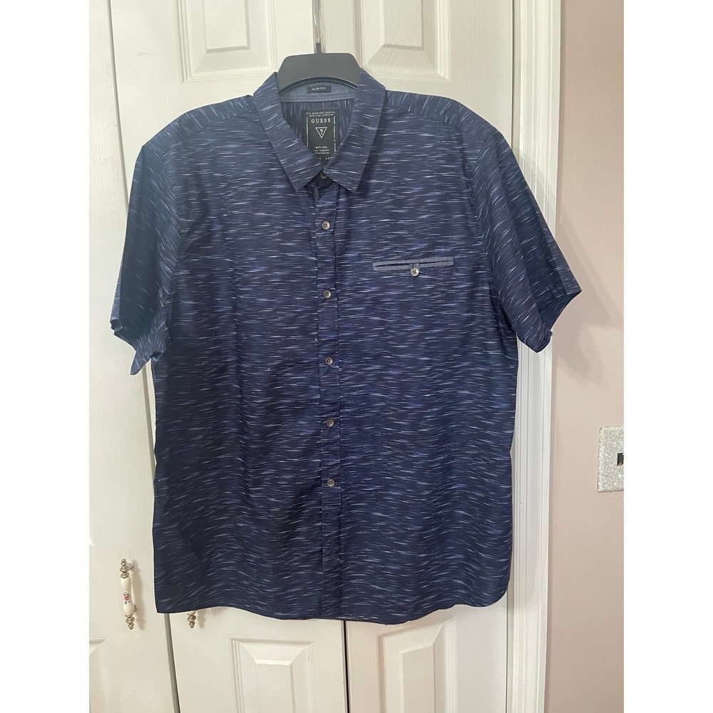 Men's Guess Button Up Blue/White Short Sleeve Shirt Size XXL Slim Fit